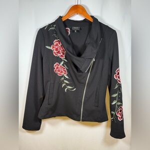 W5 Women’s Black Moto Style Jacket Embroidered Roses Size Medium